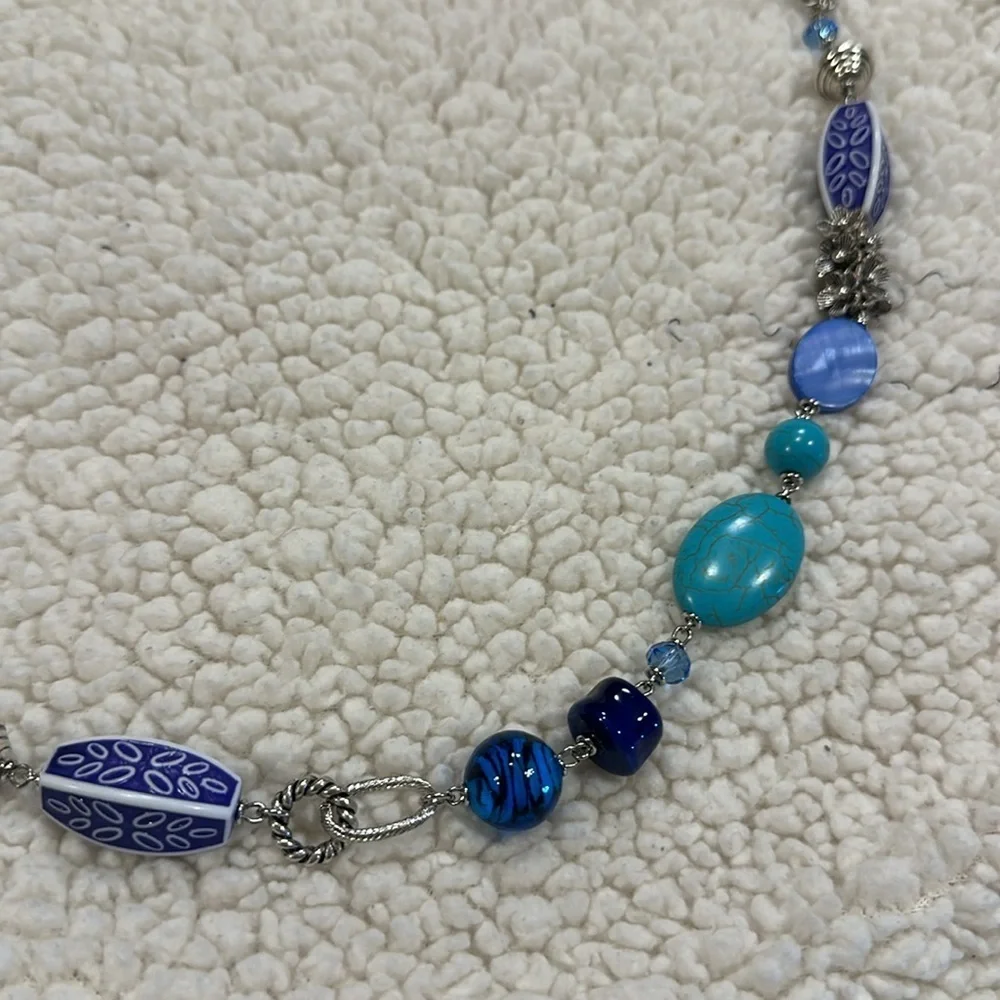 Premier Designs Blue Lagoon Turquoise Beaded Necklace Purple Silver Tone